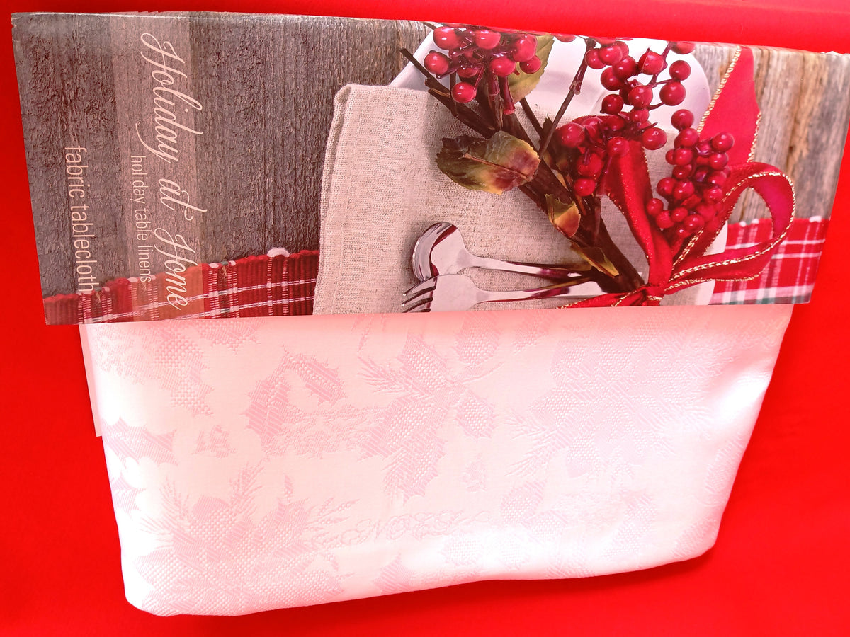 Vintage Holiday at Home Christmas Carol Damask Rectangle Tablecloth White Berry Leaves Noel Design Polyester 60 x 84-NIP