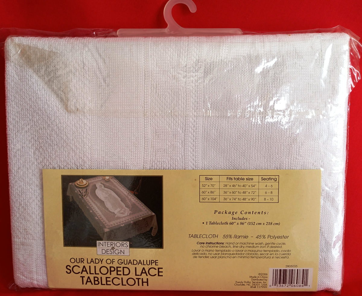 Vintage Interior by Design Our Lady of Guadalupe Scalloped White Lace Tablecloth Catholic Figural Rectangle 60 W x 86 L-NOS-NIP