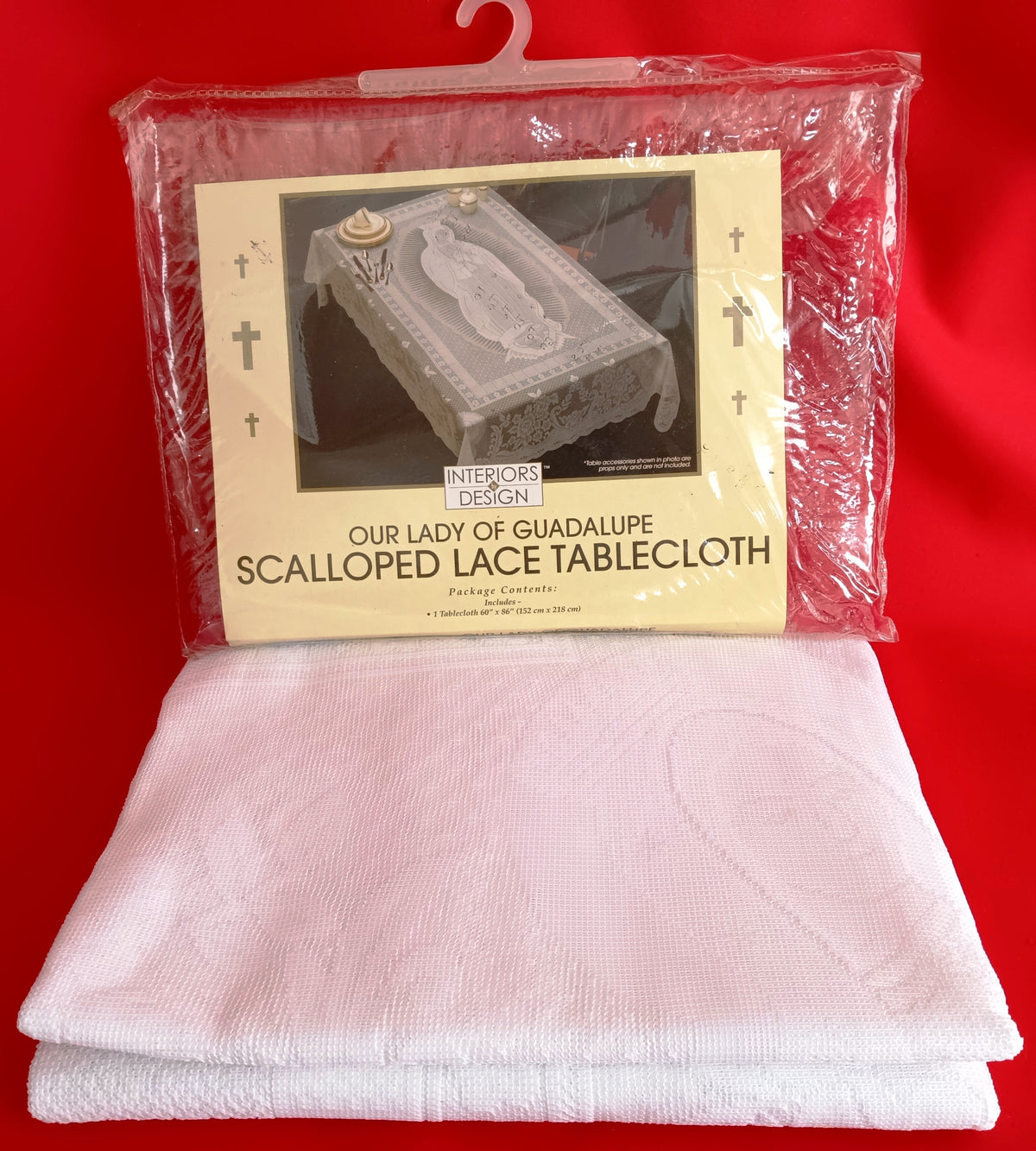 Vintage Interior by Design Our Lady of Guadalupe Scalloped White Lace Tablecloth Catholic Figural Rectangle 60 W x 86 L-NOS-NIP