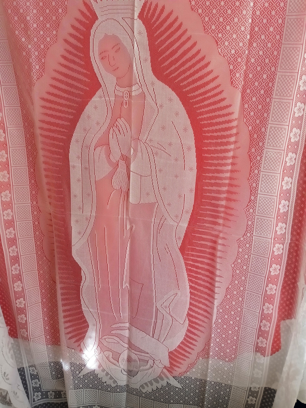 Vintage Interior by Design Our Lady of Guadalupe Scalloped White Lace Tablecloth Catholic Figural Rectangle 60 W x 86 L-NOS-NIP