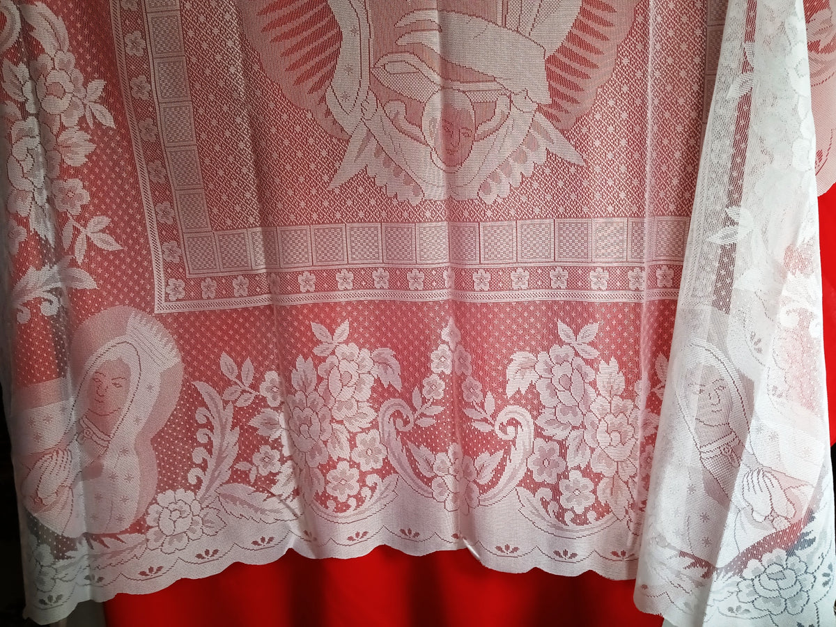 Vintage Interior by Design Our Lady of Guadalupe Scalloped White Lace Tablecloth Catholic Figural Rectangle 60 W x 86 L-NOS-NIP