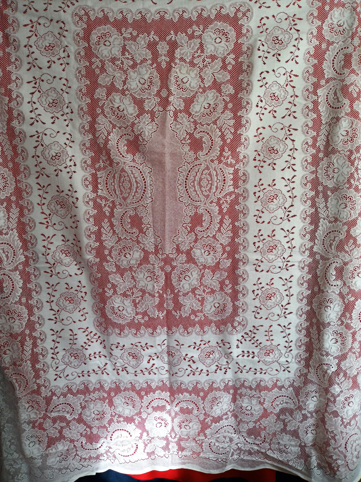 Vintage Nottingham Lace Rectangle Floral White Cotton Tablecloth The Black Tie Collection Wrinkle Free Soil Release-USA-52 x 70 –NOS-NIB