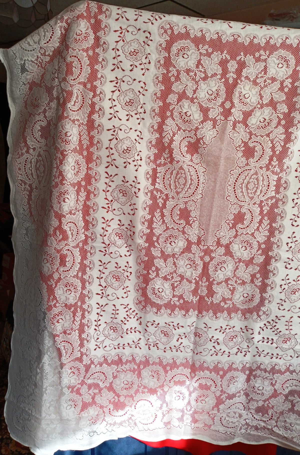 Vintage Nottingham Lace Rectangle Floral White Cotton Tablecloth The Black Tie Collection Wrinkle Free Soil Release-USA-52 x 70 –NOS-NIB