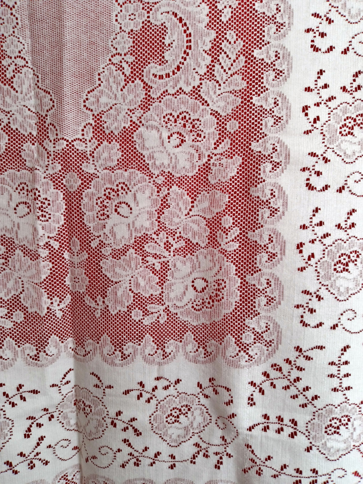 Vintage Nottingham Lace Rectangle Floral White Cotton Tablecloth The Black Tie Collection Wrinkle Free Soil Release-USA-52 x 70 –NOS-NIB