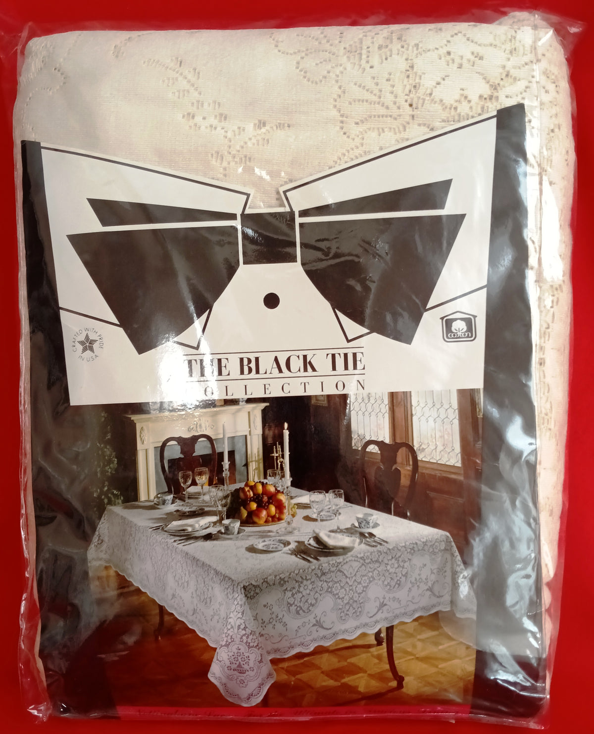 VTG Nottingham Lace Woven Tablecloth Ivory Cotton Black Tie Collection Royal Palace Perma Press Soil Release Extra Long Rectangle 70x144-NIB