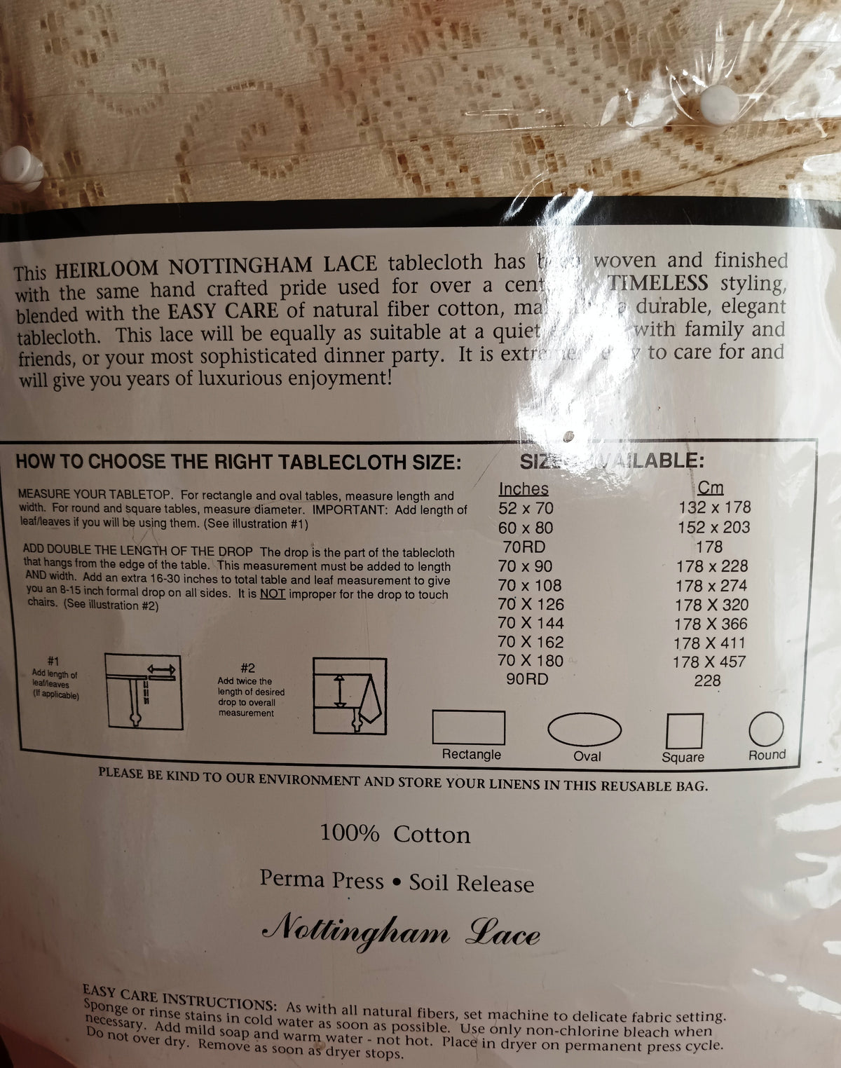 VTG Nottingham Lace Woven Tablecloth Ivory Cotton Black Tie Collection Royal Palace Perma Press Soil Release Extra Long Rectangle 70x144-NIB