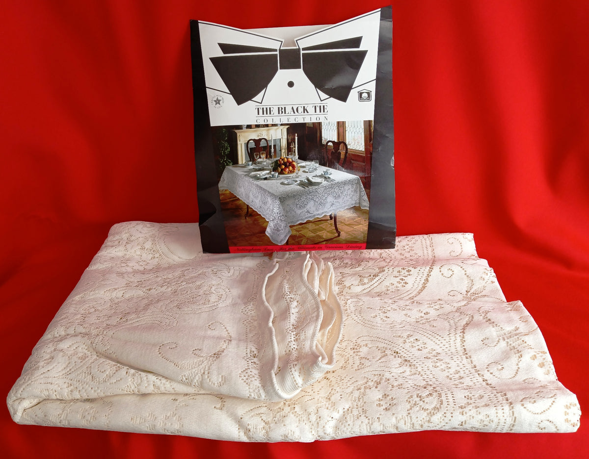 VTG Nottingham Lace Woven Tablecloth Ivory Cotton Black Tie Collection Royal Palace Perma Press Soil Release Extra Long Rectangle 70x144-NIB