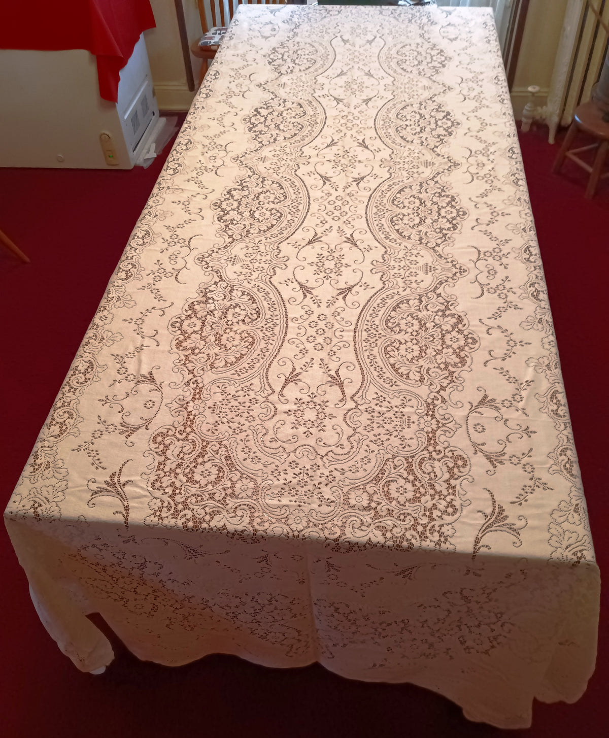 VTG Nottingham Lace Woven Tablecloth Ivory Cotton Black Tie Collection Royal Palace Perma Press Soil Release Extra Long Rectangle 70x144-NIB