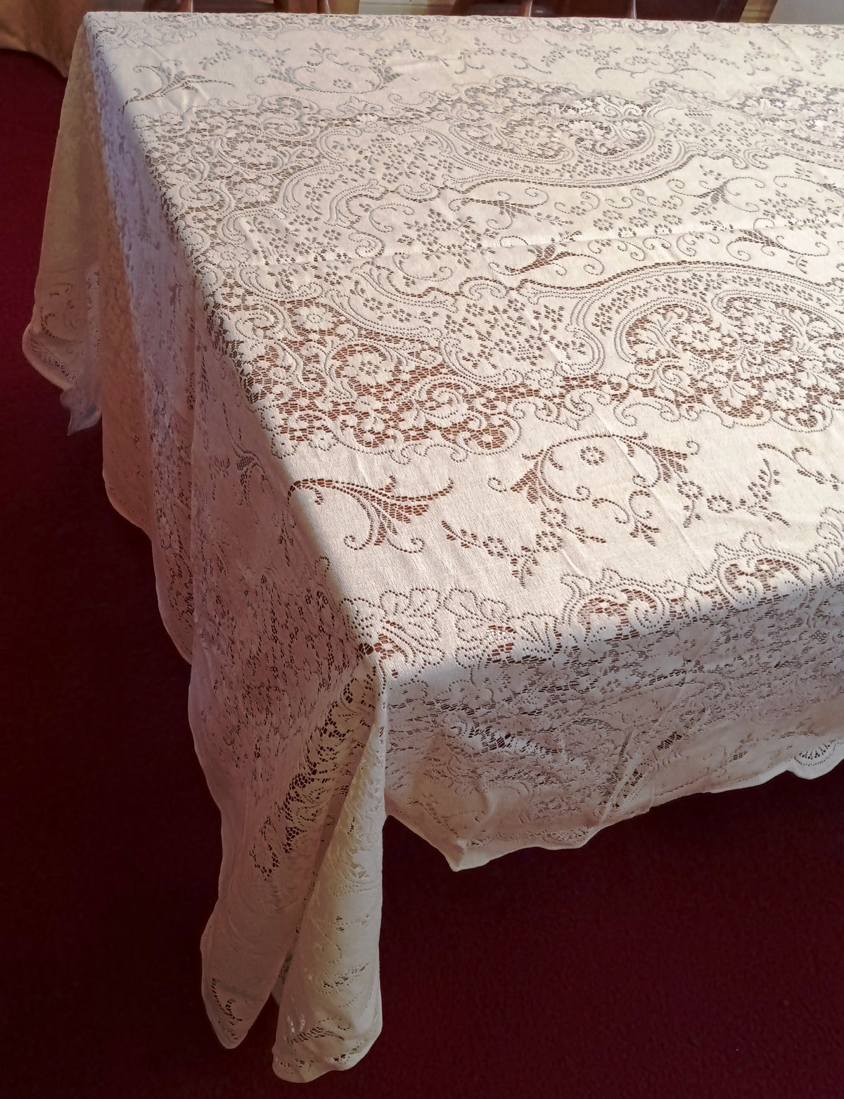 VTG Nottingham Lace Woven Tablecloth Ivory Cotton Black Tie Collection Royal Palace Perma Press Soil Release Extra Long Rectangle 70x144-NIB