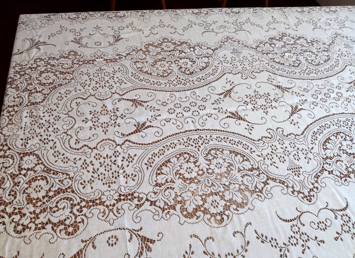 VTG Nottingham Lace Woven Tablecloth Ivory Cotton Black Tie Collection Royal Palace Perma Press Soil Release Extra Long Rectangle 70x144-NIB