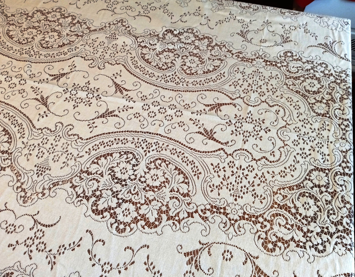 VTG Nottingham Lace Woven Tablecloth Ivory Cotton Black Tie Collection Royal Palace Perma Press Soil Release Extra Long Rectangle 70x144-NIB