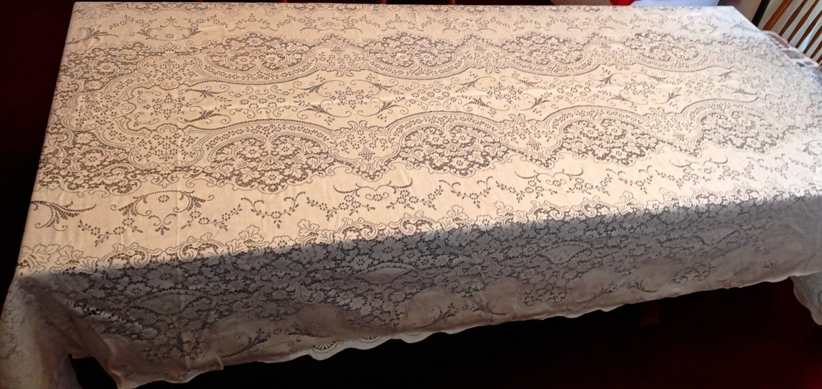 VTG Nottingham Lace Woven Tablecloth Ivory Cotton Black Tie Collection Royal Palace Perma Press Soil Release Extra Long Rectangle 70x144-NIB