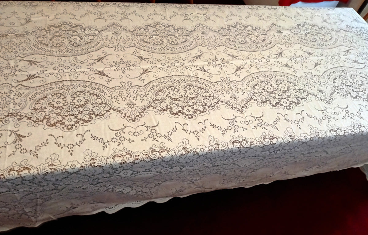 VTG Nottingham Lace Woven Tablecloth Ivory Cotton Black Tie Collection Royal Palace Perma Press Soil Release Extra Long Rectangle 70x144-NIB