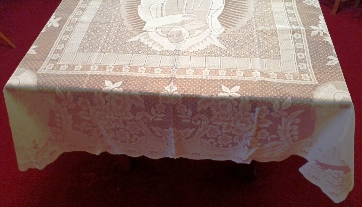 Vintage Interior by Design Our Lady of Guadalupe Scalloped White Lace Tablecloth Catholic Figural Rectangle 60 W x 86 L-NOS-NIP