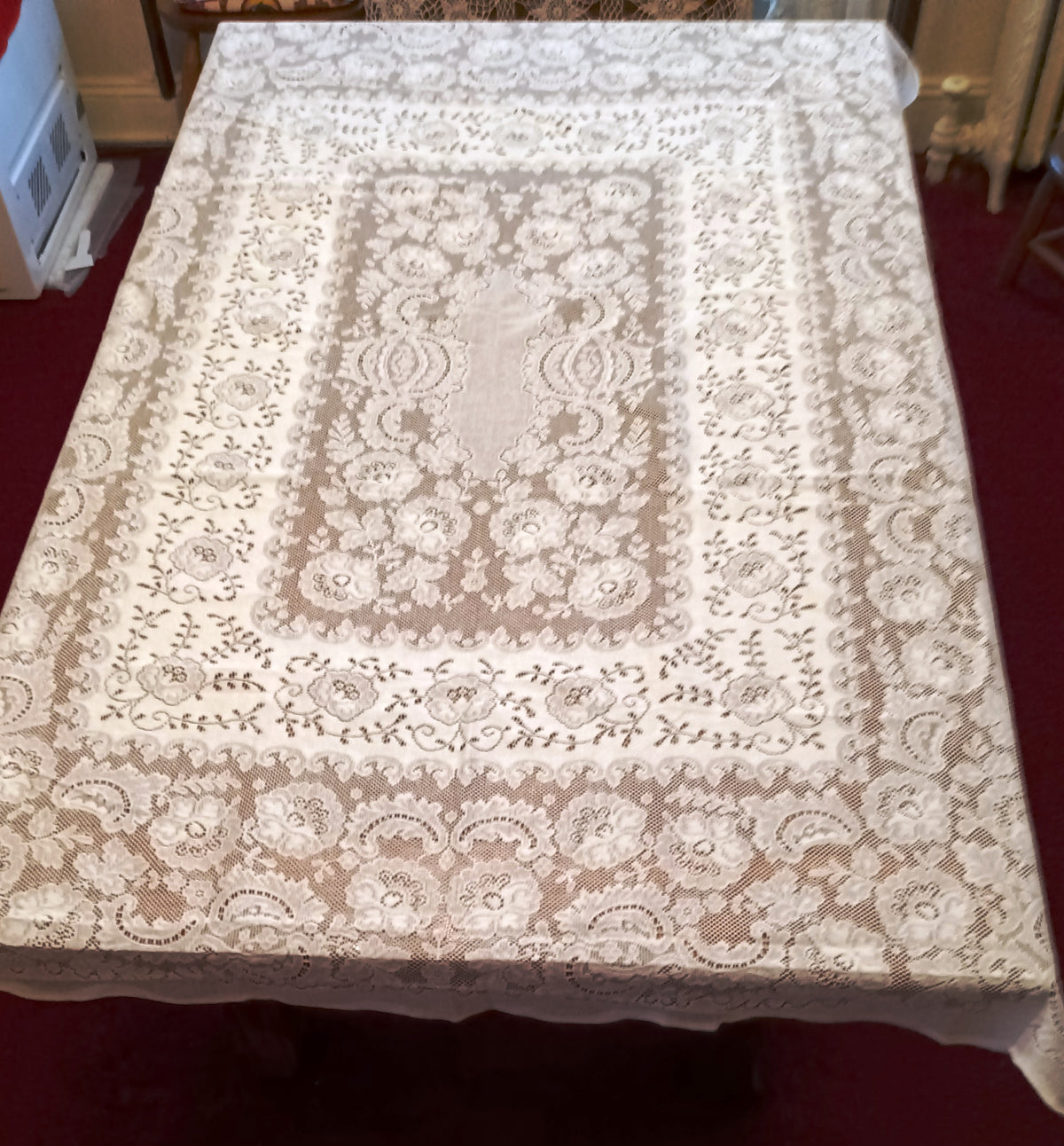 Vintage Nottingham Lace Rectangle Floral White Cotton Tablecloth The Black Tie Collection Wrinkle Free Soil Release-USA-52 x 70 –NOS-NIB