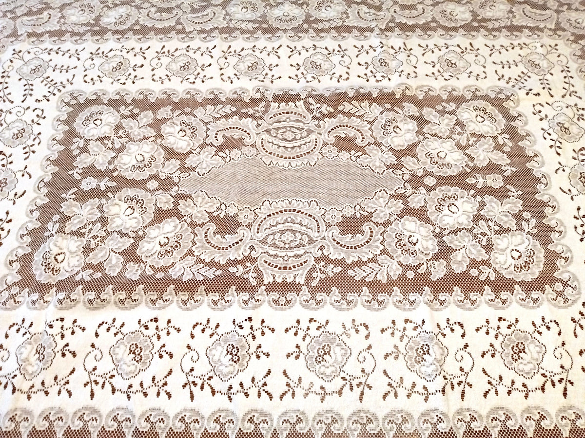 Vintage Nottingham Lace Rectangle Floral White Cotton Tablecloth The Black Tie Collection Wrinkle Free Soil Release-USA-52 x 70 –NOS-NIB