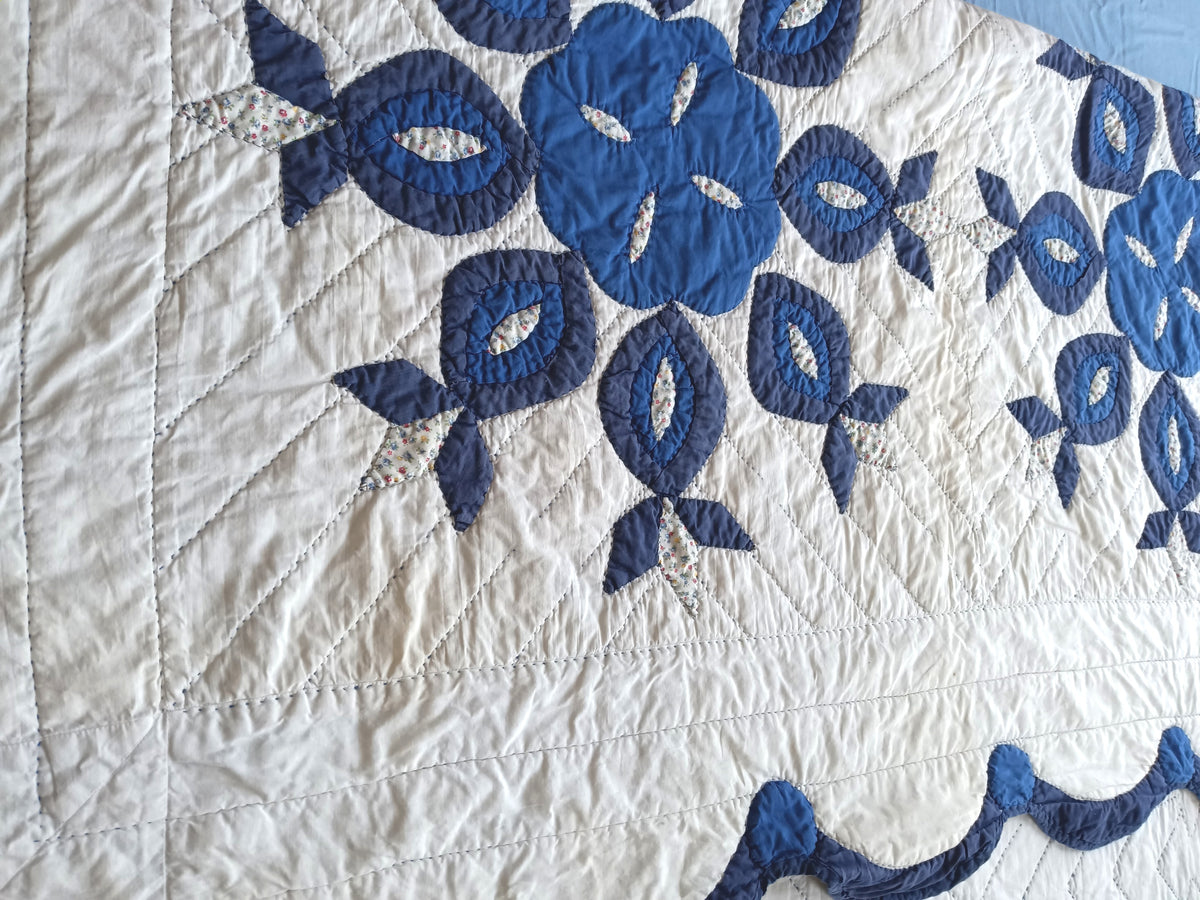 Vintage Hand Stitched Appliqué Cotton Quilt Two Tone Blue Floral Pattern Grandmother’s Dream Style Light Blanket 60 W x 86 L
