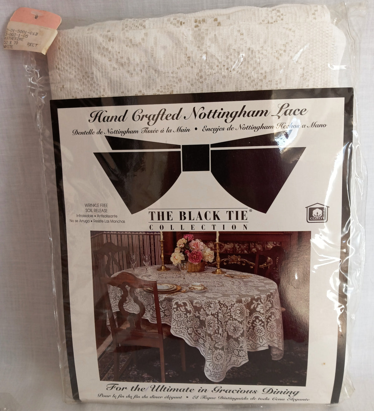 Vintage Nottingham Lace Rectangle Floral White Cotton Tablecloth The Black Tie Collection Wrinkle Free Soil Release-USA-52 x 70 –NOS-NIB