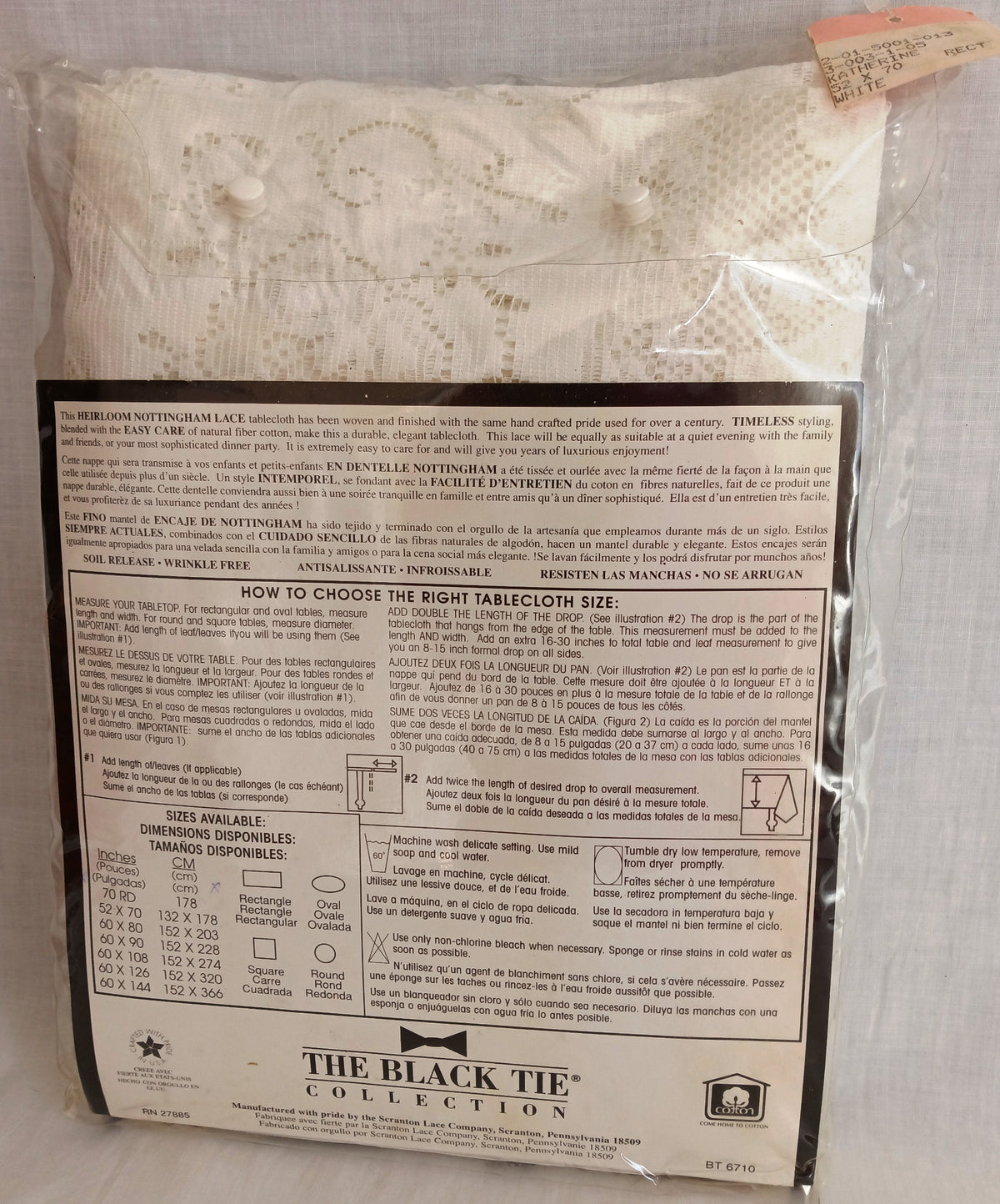 Vintage Nottingham Lace Rectangle Floral White Cotton Tablecloth The Black Tie Collection Wrinkle Free Soil Release-USA-52 x 70 –NOS-NIB