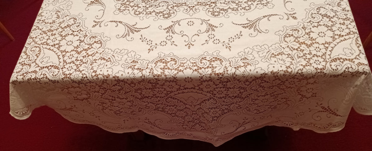 Vintage Nottingham Lace Royal Palace Oval White Cotton Floral Tablecloth The Black Tie Collection Perma Press Soil Release 70 x 90–NOS-NIB
