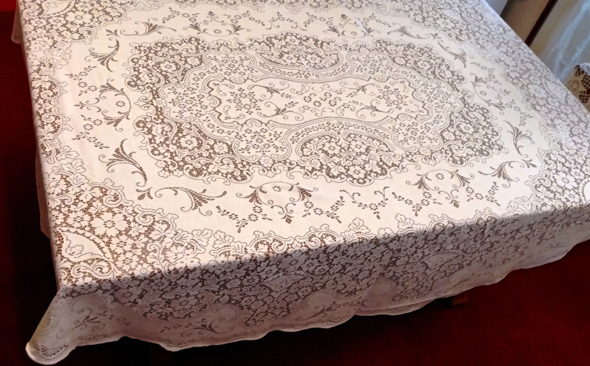 Vintage Nottingham Lace Royal Palace Oval White Cotton Floral Tablecloth The Black Tie Collection Perma Press Soil Release 70 x 90–NOS-NIB