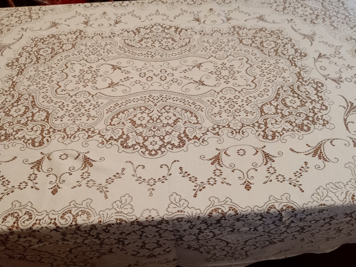 Vintage Nottingham Lace Royal Palace Oval White Cotton Floral Tablecloth The Black Tie Collection Perma Press Soil Release 70 x 90–NOS-NIB