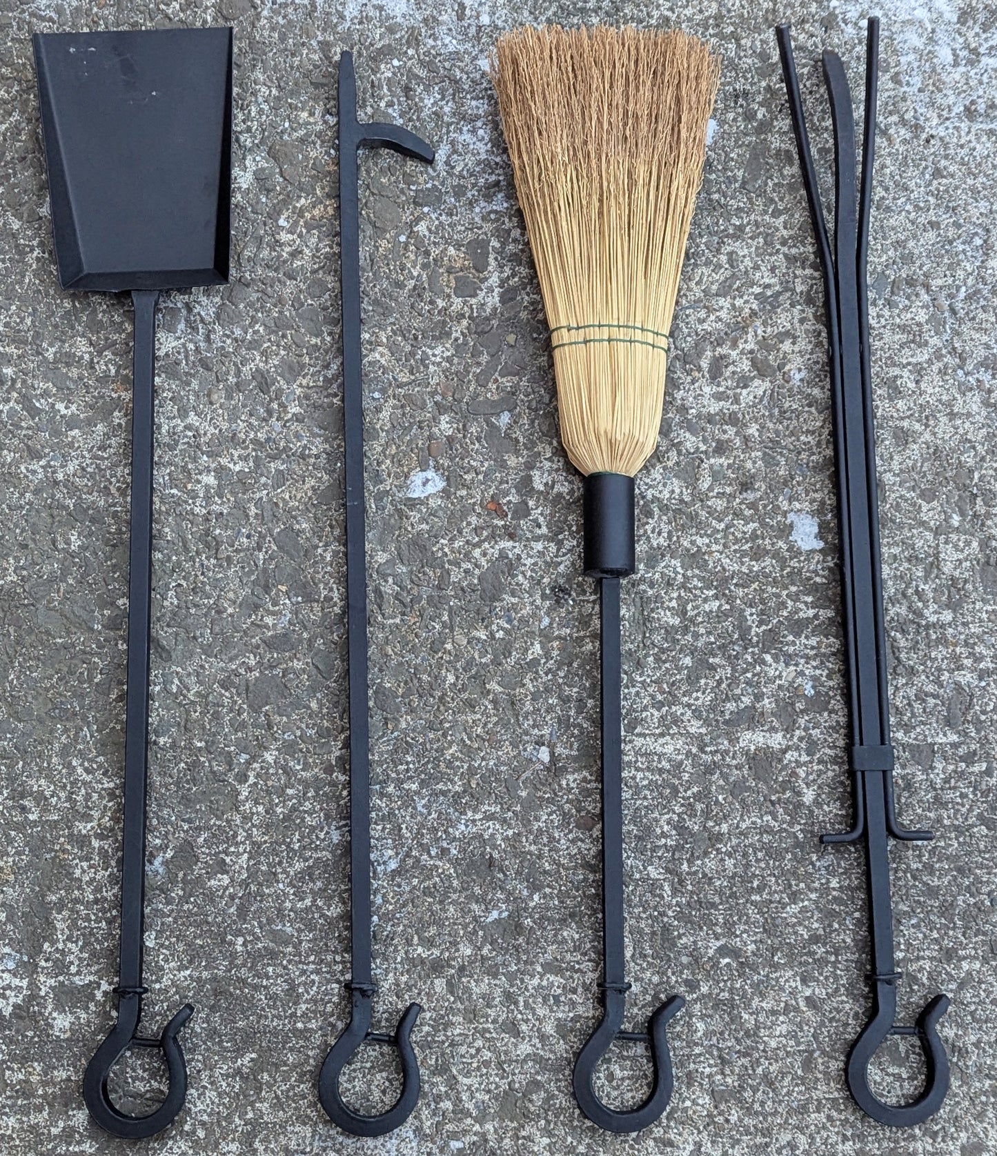 4pc Set Vintage Old Reclaimed Salvaged Metal Cast Iron Steel Fireplace Tools Poker Shovel Tongs Stand Holder