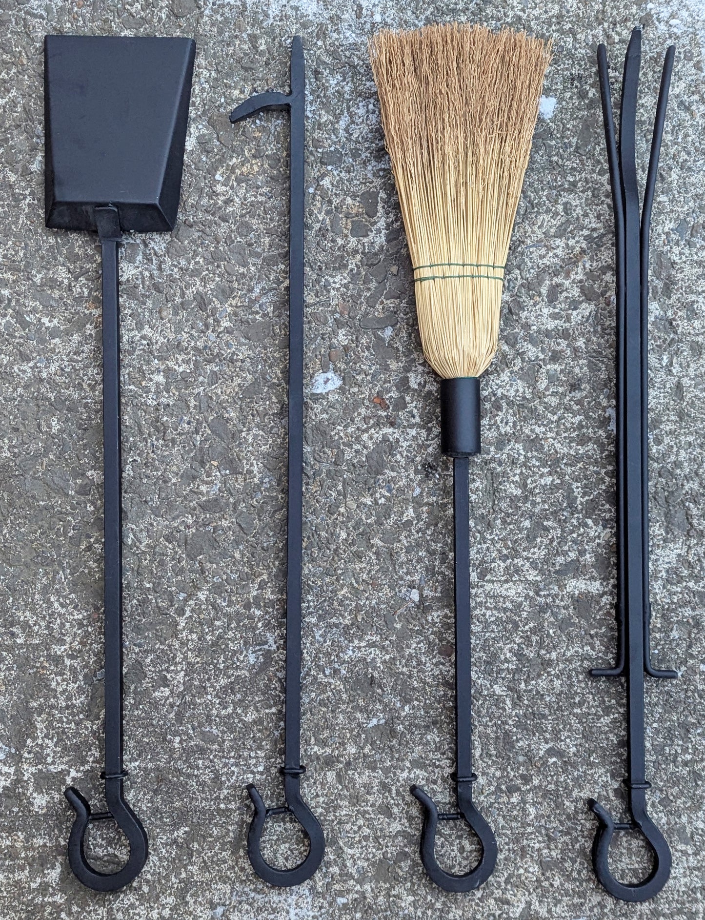4pc Set Vintage Old Reclaimed Salvaged Metal Cast Iron Steel Fireplace Tools Poker Shovel Tongs Stand Holder