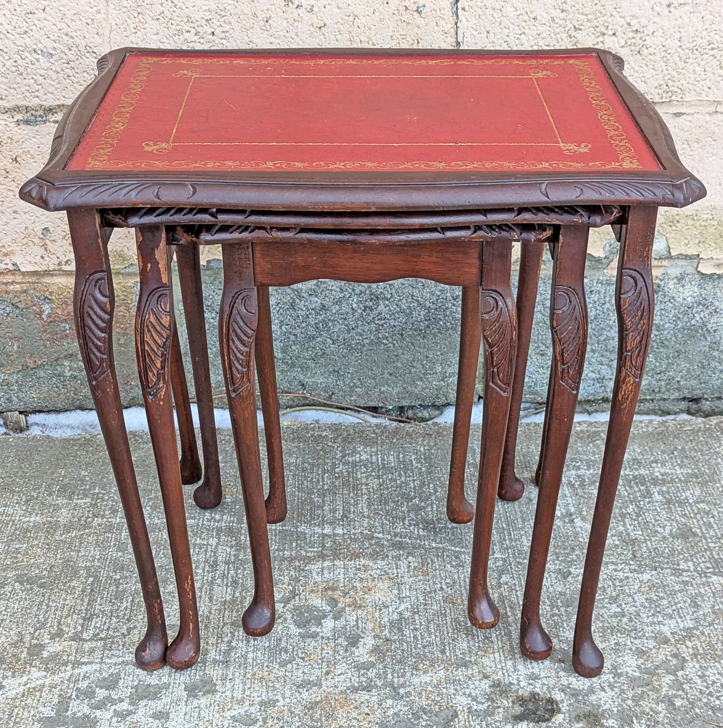 Set of Small Vintage Antique Old Solid Wood Wooden Carved Serpentine Square Leather Nesting Nested Stacked Stand Side Accent Tables