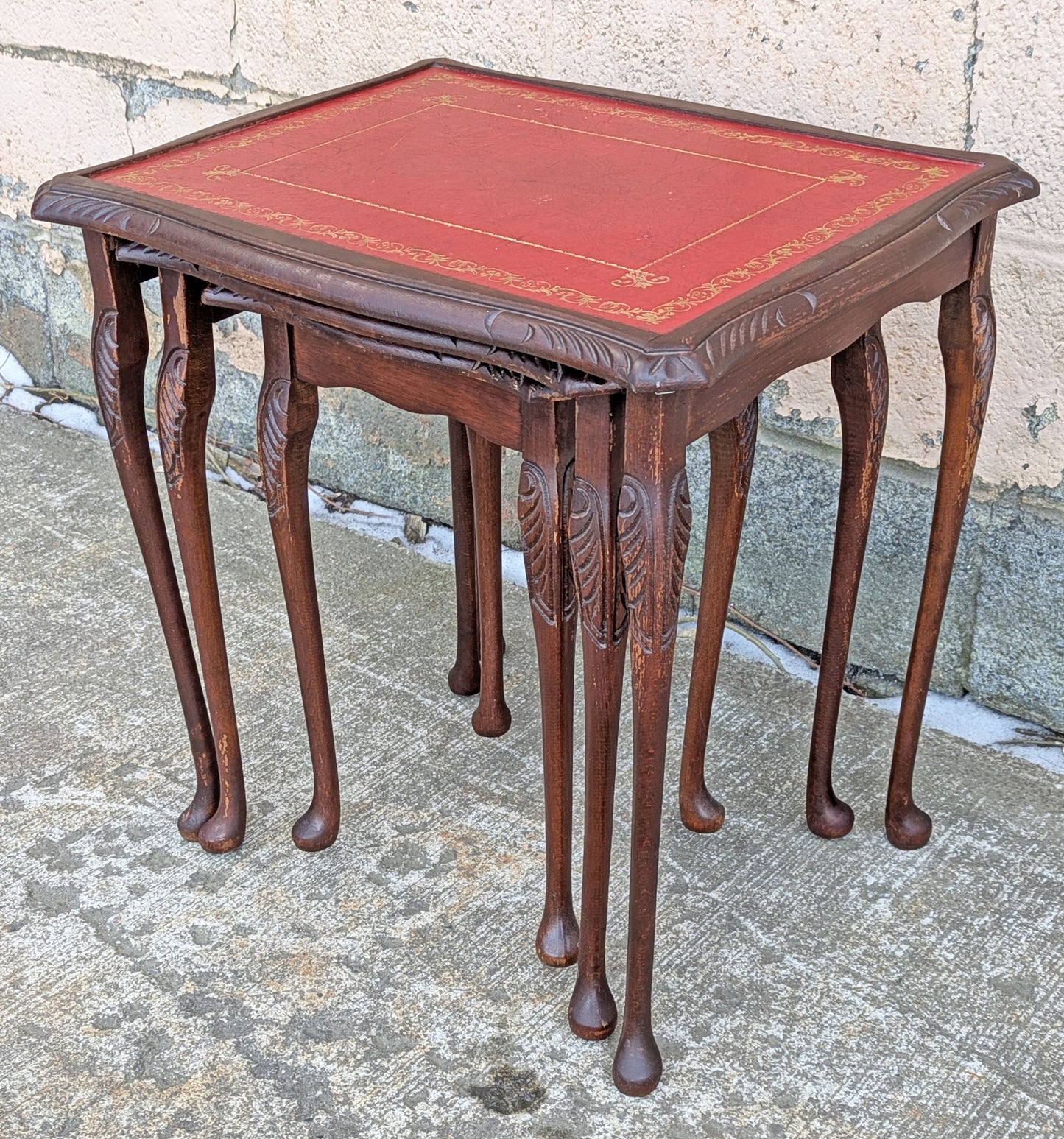 Set of Small Vintage Antique Old Solid Wood Wooden Carved Serpentine Square Leather Nesting Nested Stacked Stand Side Accent Tables