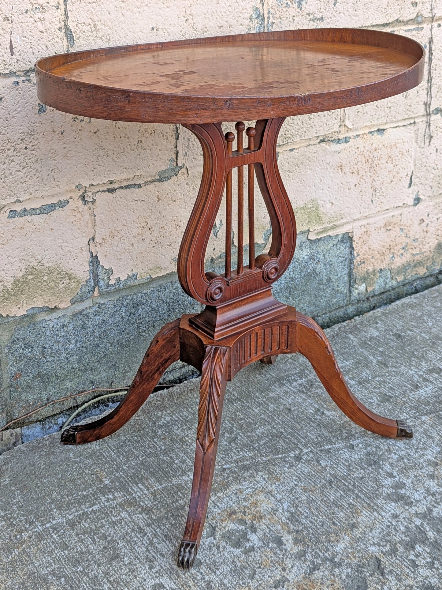 Antique Vintage Old Colonial Neoclassical Reclaimed Salvaged Mersman SOLID Mahogany Wood Wooden End Accent Lyre Harp Hall Side Oval Table