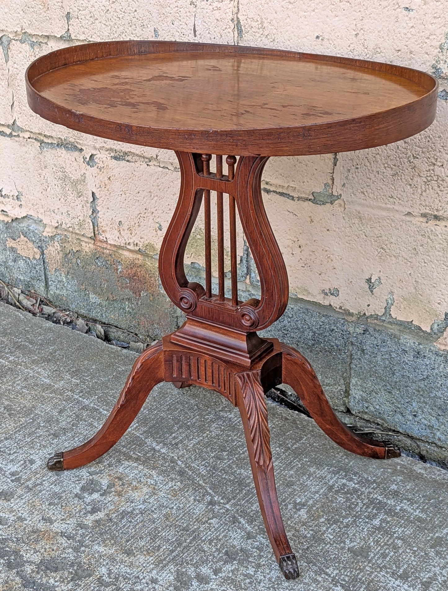 Antique Vintage Old Colonial Neoclassical Reclaimed Salvaged Mersman SOLID Mahogany Wood Wooden End Accent Lyre Harp Hall Side Oval Table