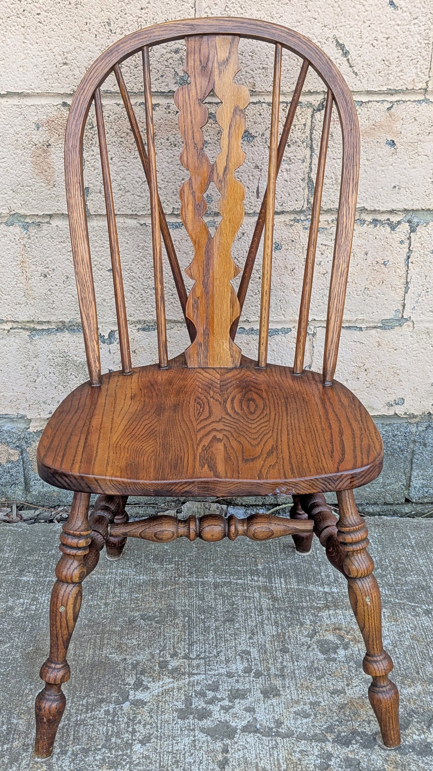 Set of 3 Vintage Antique Old "Pennsylvania House" Solid Oak Wood Wooden Carved Spindle Brace Back Side Windsor Braced Dining Accent Chairs