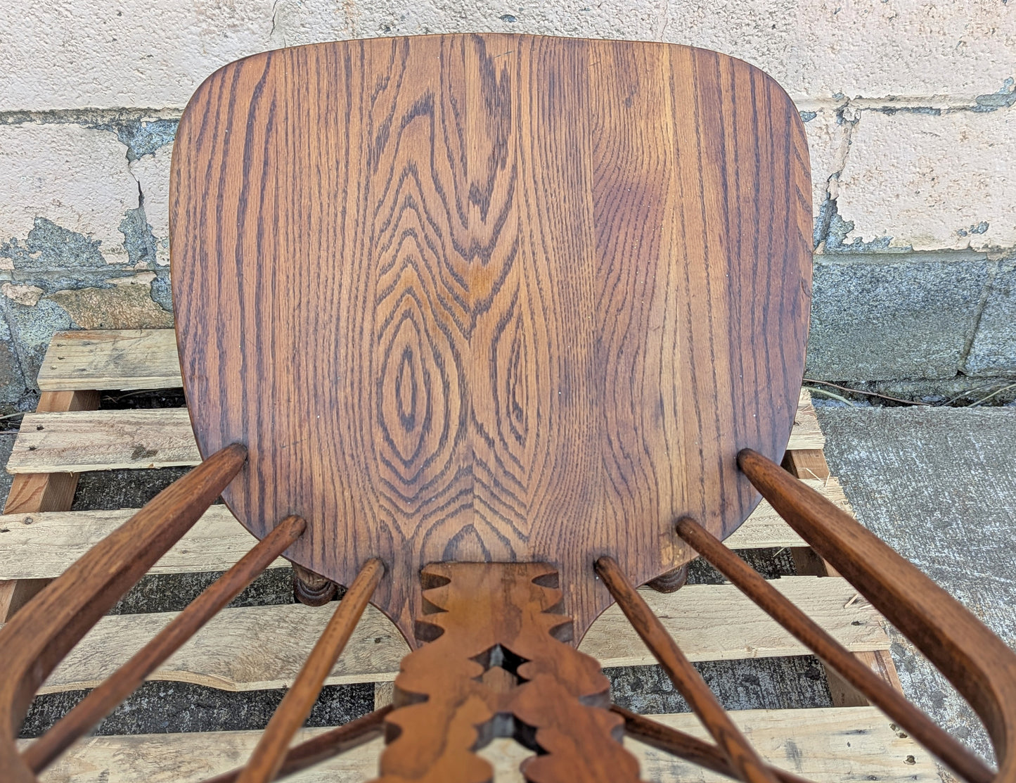 Set of 3 Vintage Antique Old "Pennsylvania House" Solid Oak Wood Wooden Carved Spindle Brace Back Side Windsor Braced Dining Accent Chairs