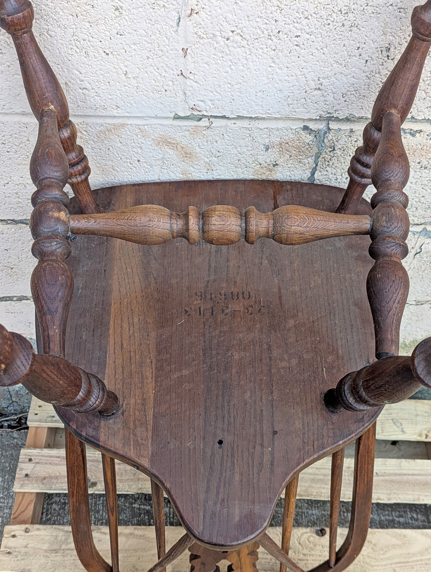 Set of 3 Vintage Antique Old "Pennsylvania House" Solid Oak Wood Wooden Carved Spindle Brace Back Side Windsor Braced Dining Accent Chairs