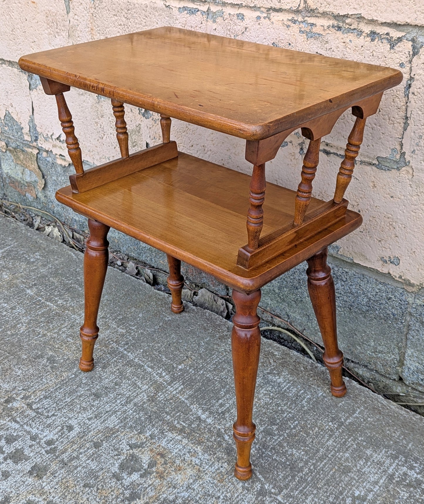 Vintage Antique Old Reclaimed Salvaged 2 Tier Solid Maple Wood Wooden Side End Accent Table Lamp Plant Stand Nightstand Shelf