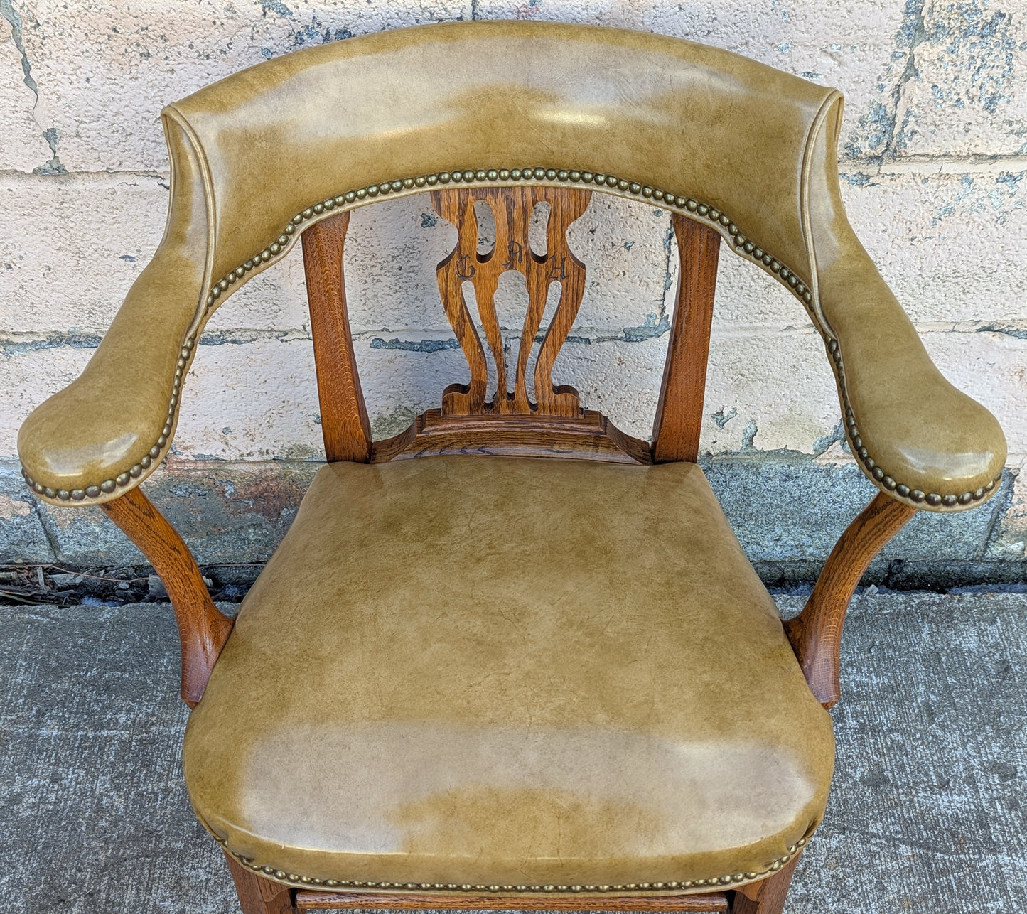 Vintage Old Solid Oak Wood Wooden Side Dining Lounge Accent Chair Arm Armchair Armrest Upholstered Vinyl Fabric Seat Bergerie