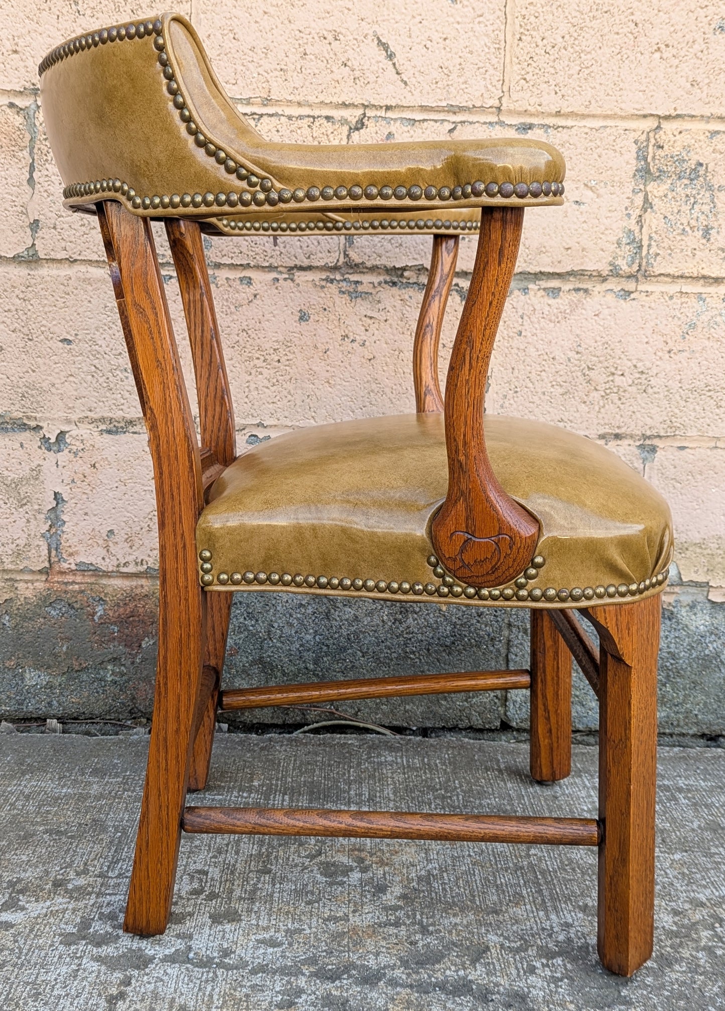 Vintage Old Solid Oak Wood Wooden Side Dining Lounge Accent Chair Arm Armchair Armrest Upholstered Vinyl Fabric Seat Bergerie
