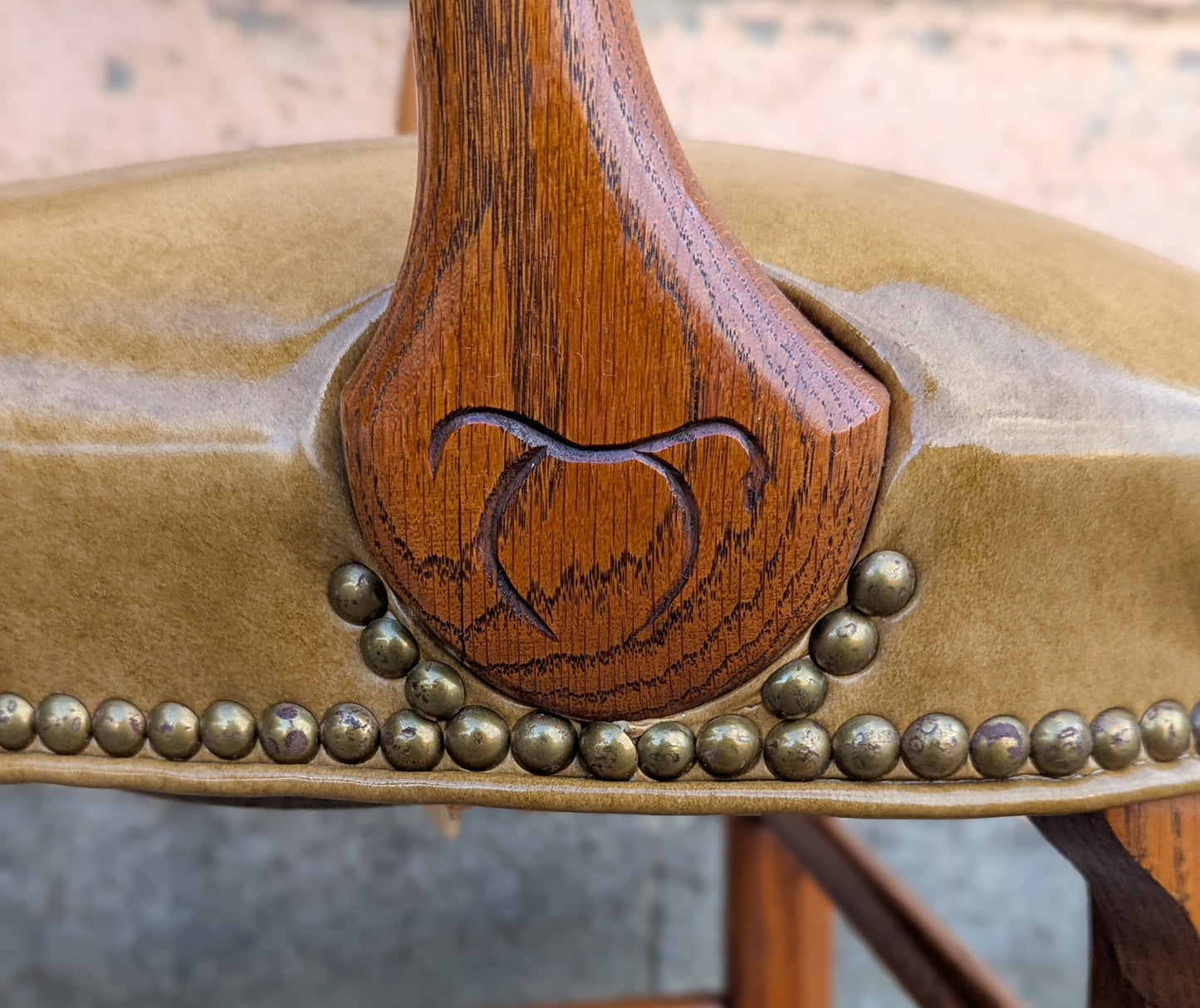Vintage Old Solid Oak Wood Wooden Side Dining Lounge Accent Chair Arm Armchair Armrest Upholstered Vinyl Fabric Seat Bergerie