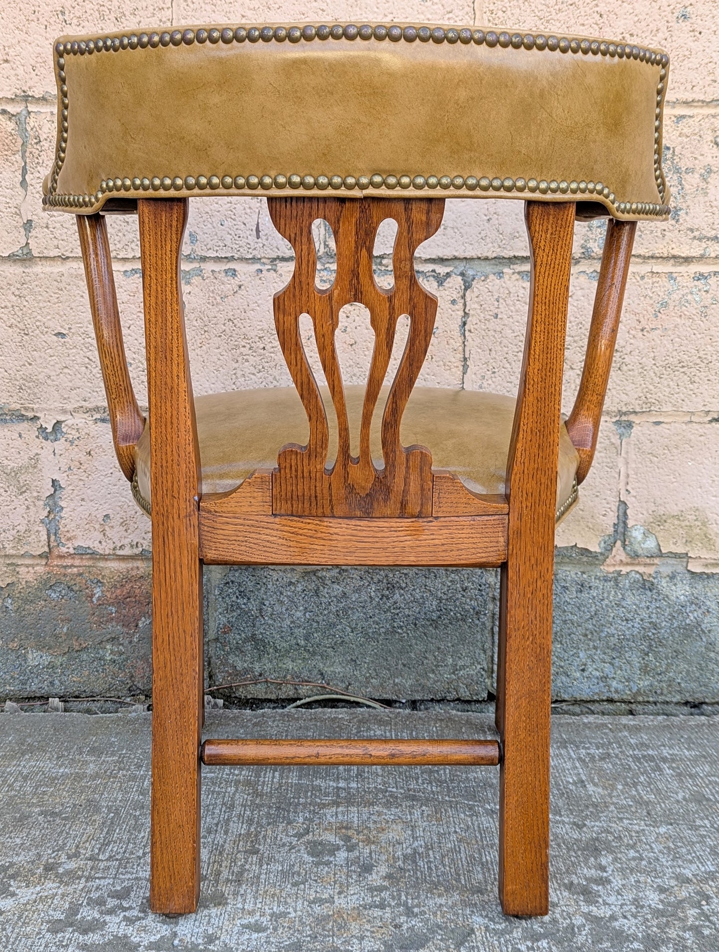 Vintage Old Solid Oak Wood Wooden Side Dining Lounge Accent Chair Arm Armchair Armrest Upholstered Vinyl Fabric Seat Bergerie