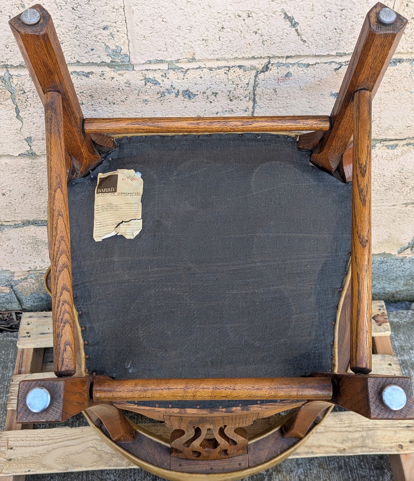 Vintage Old Solid Oak Wood Wooden Side Dining Lounge Accent Chair Arm Armchair Armrest Upholstered Vinyl Fabric Seat Bergerie