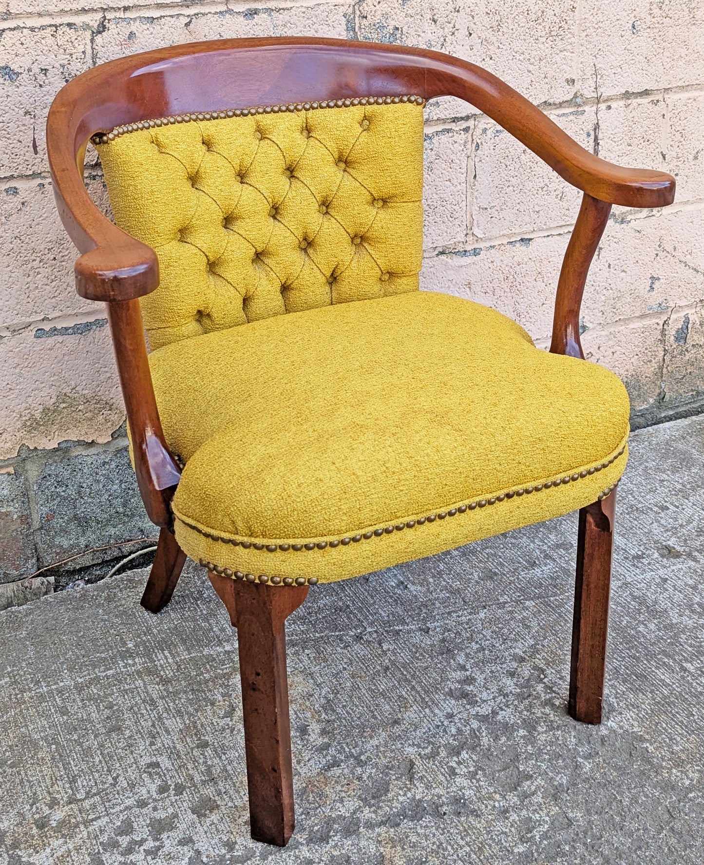 Vintage Old Solid Mahogany Wood Wooden Side Dining Lounge Accent Chair Arm Armchair Armrest Upholstered Upholstery Fabric Seat Bergerie