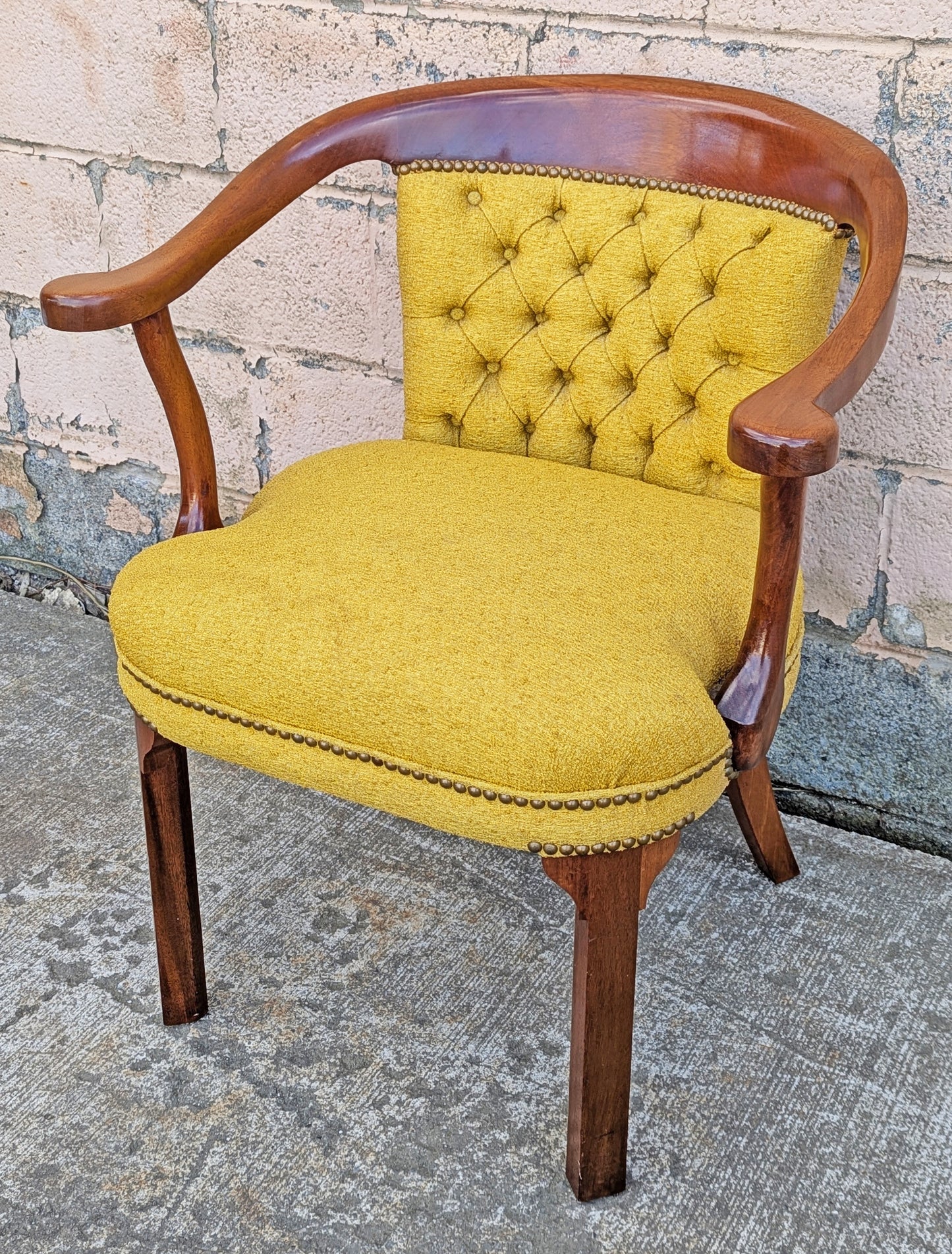 Vintage Old Solid Mahogany Wood Wooden Side Dining Lounge Accent Chair Arm Armchair Armrest Upholstered Upholstery Fabric Seat Bergerie