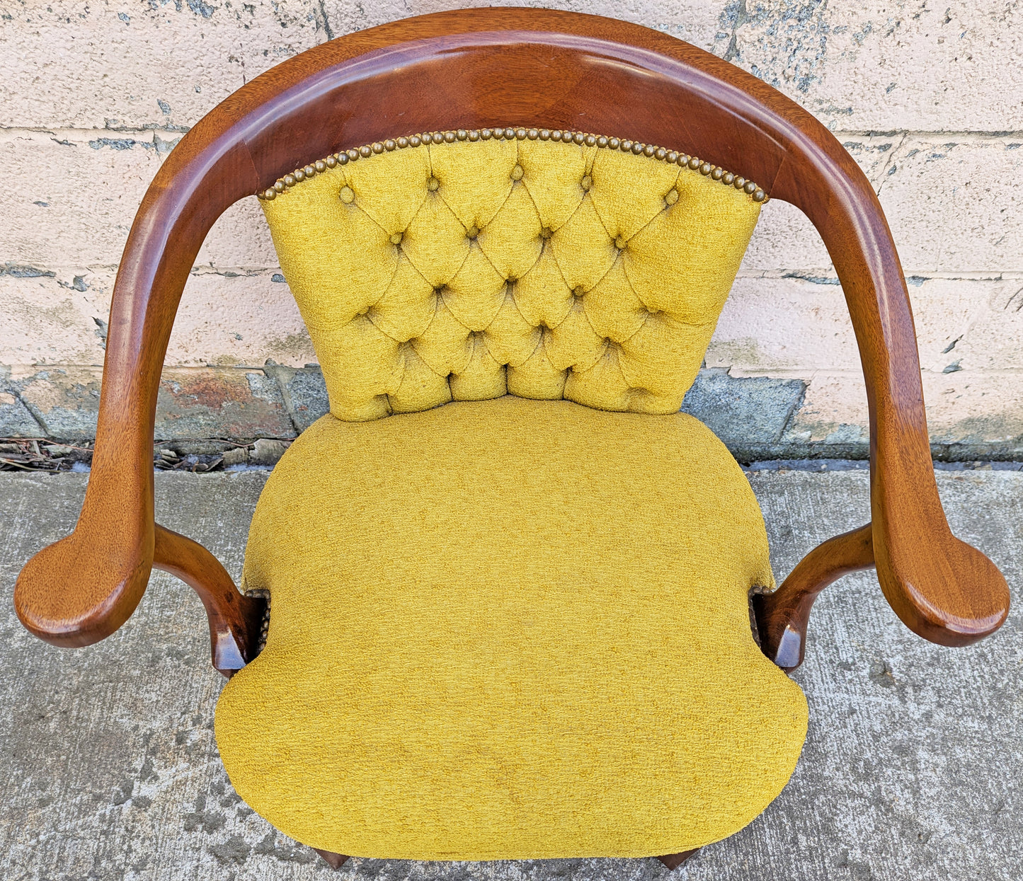 Vintage Old Solid Mahogany Wood Wooden Side Dining Lounge Accent Chair Arm Armchair Armrest Upholstered Upholstery Fabric Seat Bergerie