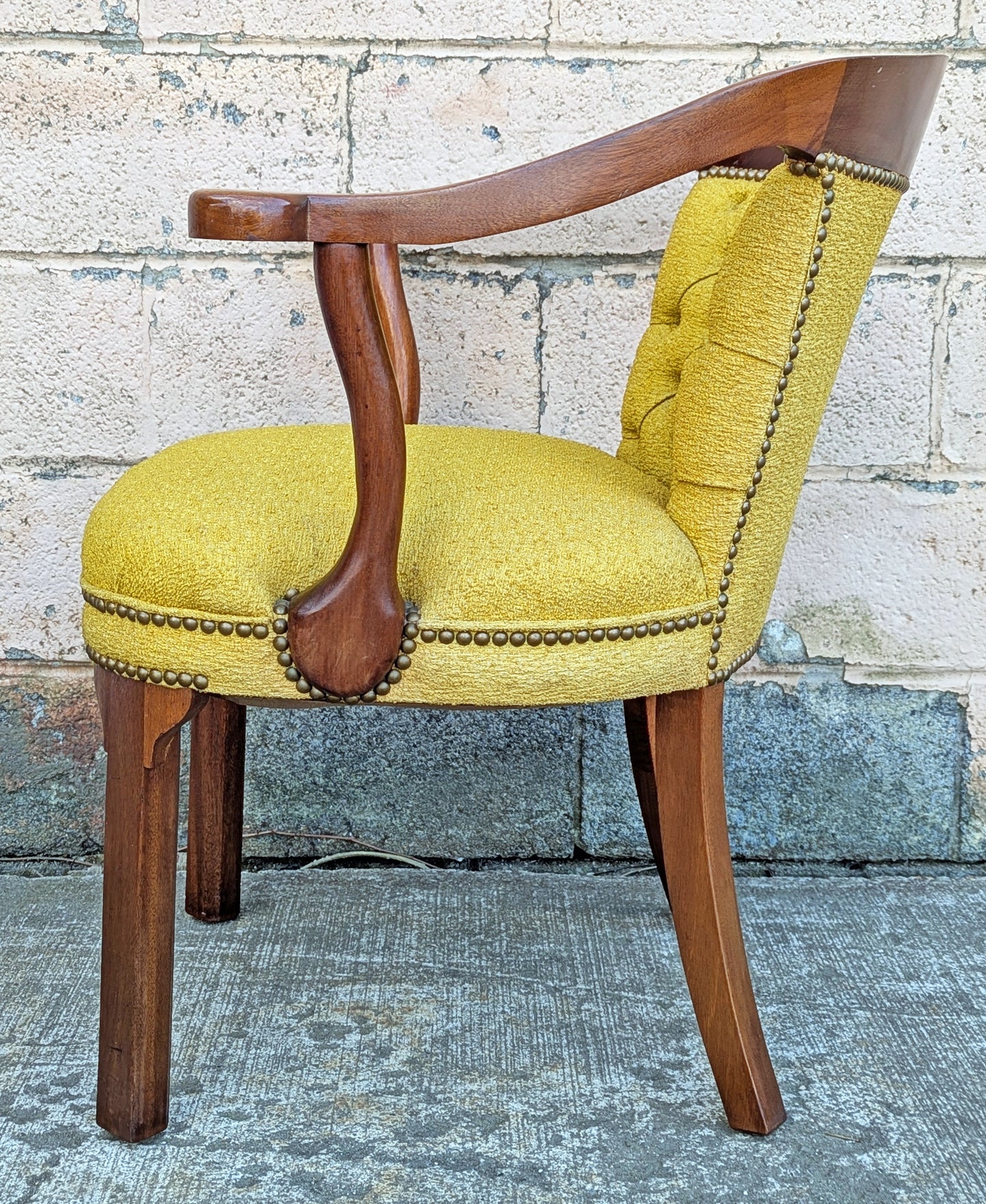 Vintage Old Solid Mahogany Wood Wooden Side Dining Lounge Accent Chair Arm Armchair Armrest Upholstered Upholstery Fabric Seat Bergerie