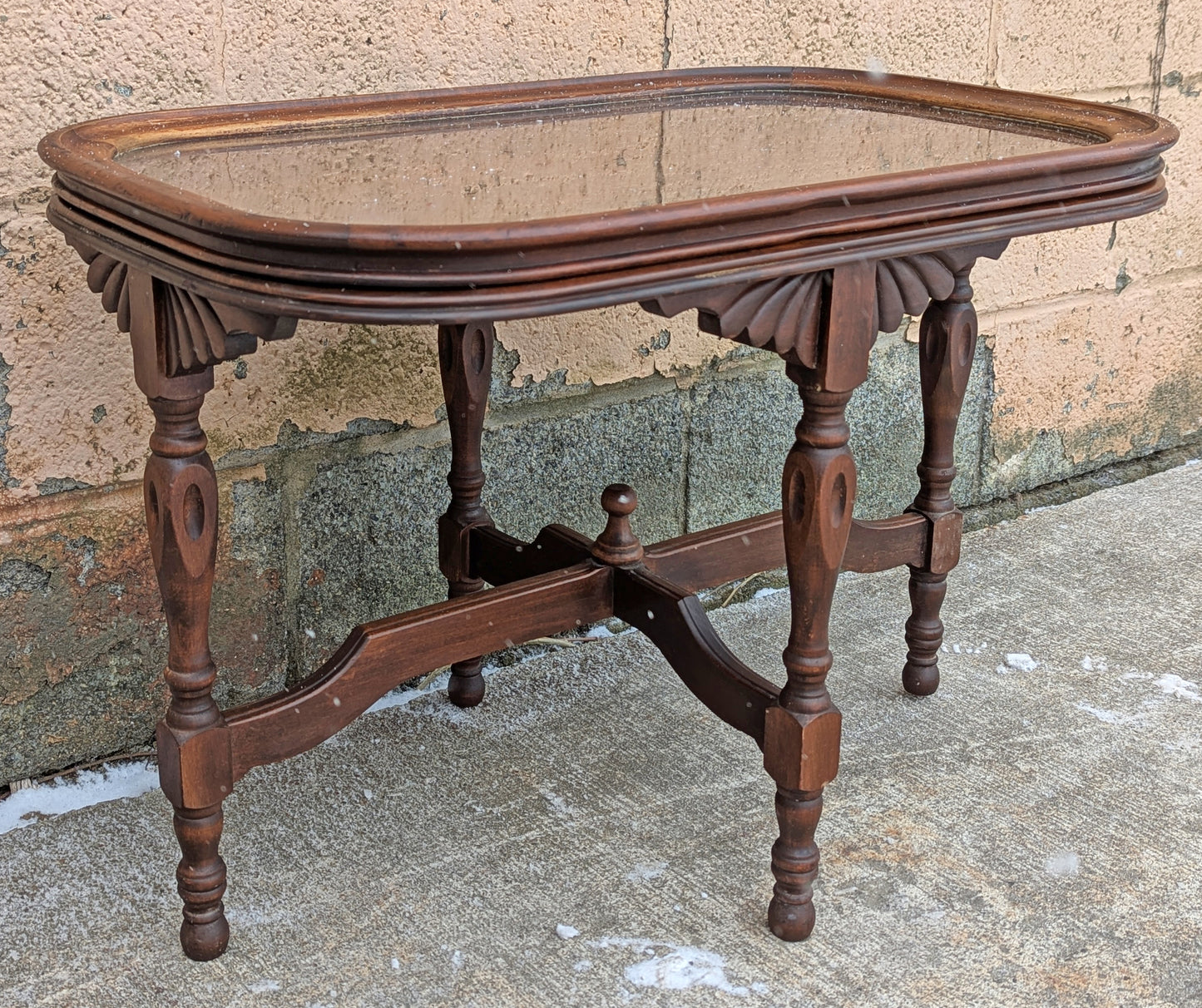 Antique Vintage Old Oval Table SOLID Carved Mahogany Wood Wooden Victorian Side End Accent Foyer Sofa Lamp Stand Glass Top