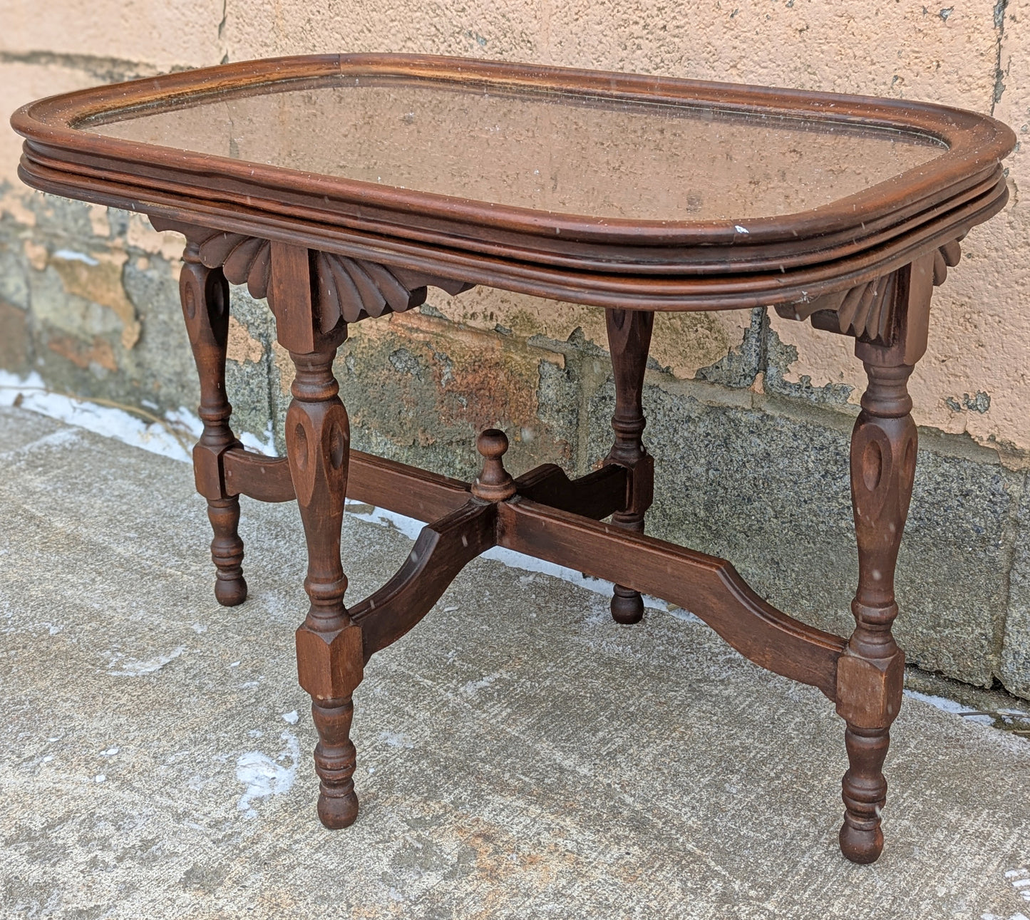 Antique Vintage Old Oval Table SOLID Carved Mahogany Wood Wooden Victorian Side End Accent Foyer Sofa Lamp Stand Glass Top