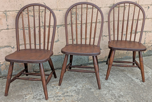 Set of 3 Vintage Antique Reclaimed Salvaged Old Solid Hardwood Wood Wooden Spindle Brace Back Side Windsor Braced Dining Accent Chairs