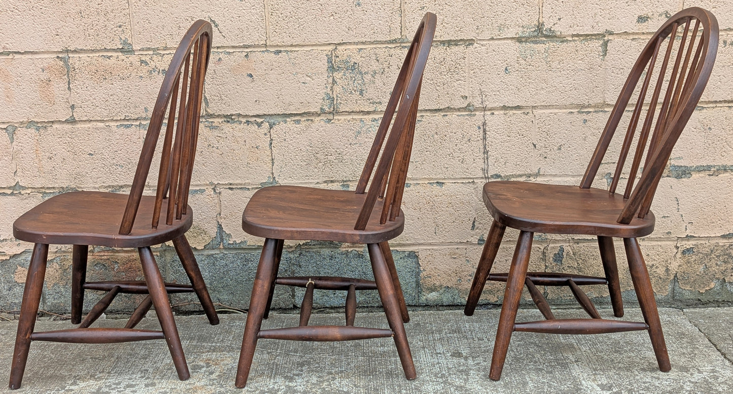 Set of 3 Vintage Antique Reclaimed Salvaged Old Solid Hardwood Wood Wooden Spindle Brace Back Side Windsor Braced Dining Accent Chairs
