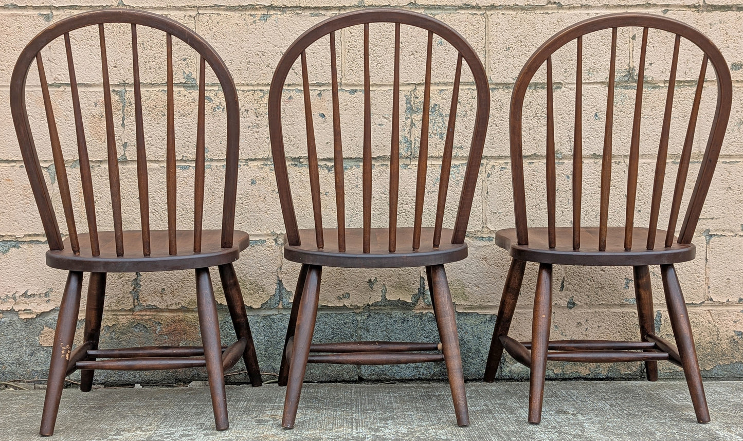Set of 3 Vintage Antique Reclaimed Salvaged Old Solid Hardwood Wood Wooden Spindle Brace Back Side Windsor Braced Dining Accent Chairs
